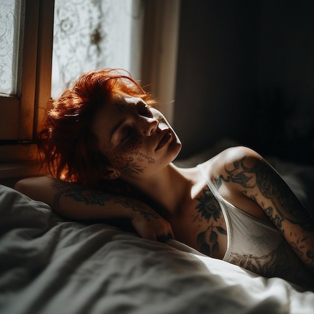 Photo a woman with tattoos on her arm is laying on a bed