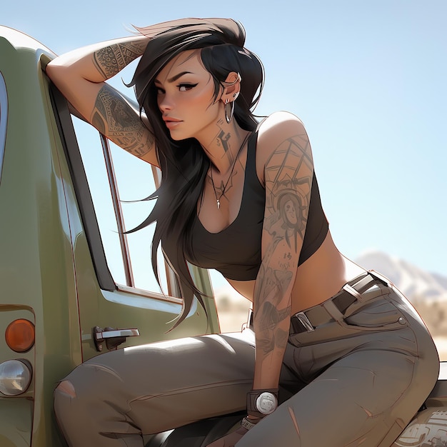 A woman with tattoos on her arm sits on a car