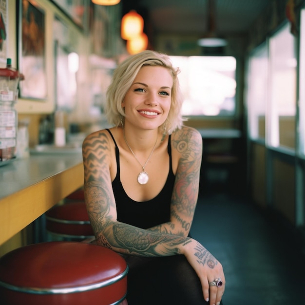 A woman with tattoos on her arm sits on a stool.