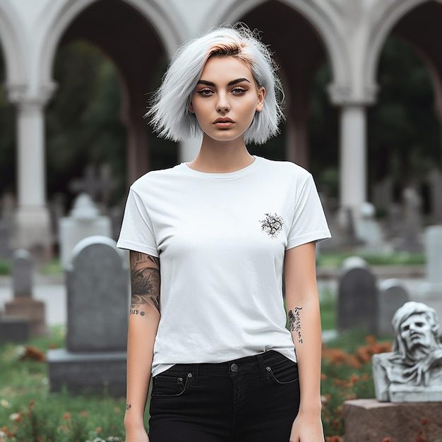 a woman with tattoos on her arm stands in a cemetery.