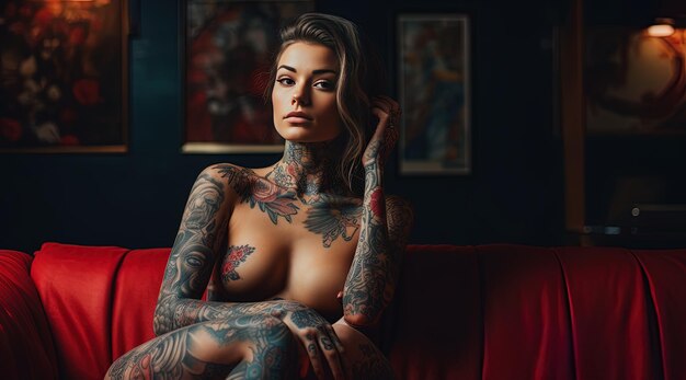 赤いソファに座っている腕にタトゥーをつけた女性