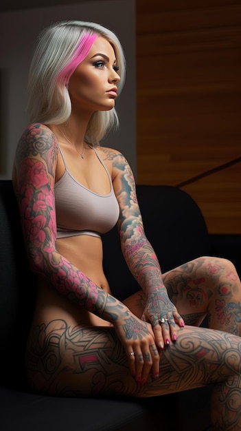 a woman with tattoos on her arms sits on a couch.