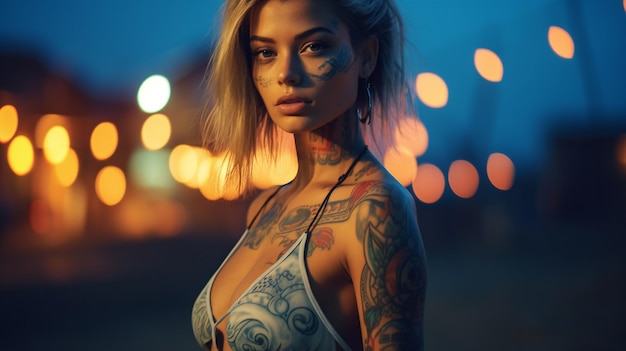 A woman with tattoos on her arms and the words tattoo on her chest