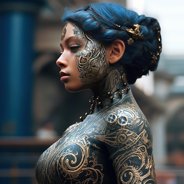 A woman with tattoos on her body is wearing a tattoo.