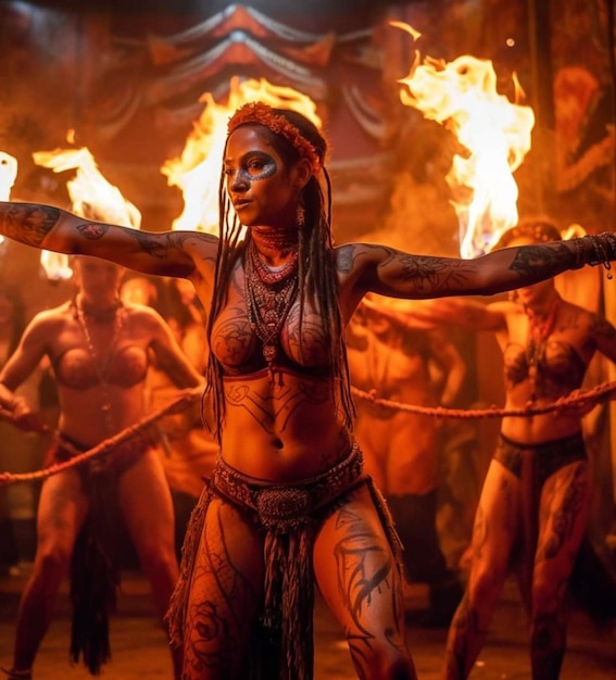 A woman with tattoos on her face is dancing in front of fire.