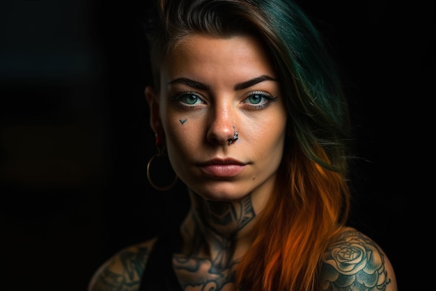 A woman with tattoos on her face looks into the camera.