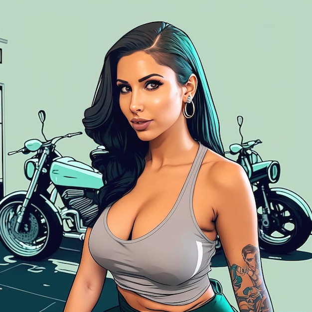 A woman with tattoos and a motorcycle in the background