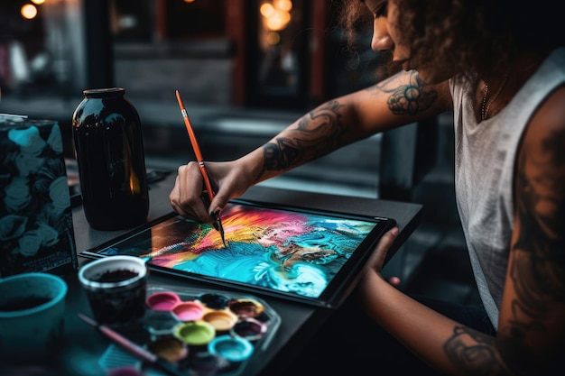 A woman with tattoos painting on a tablet with paint Generative Ai