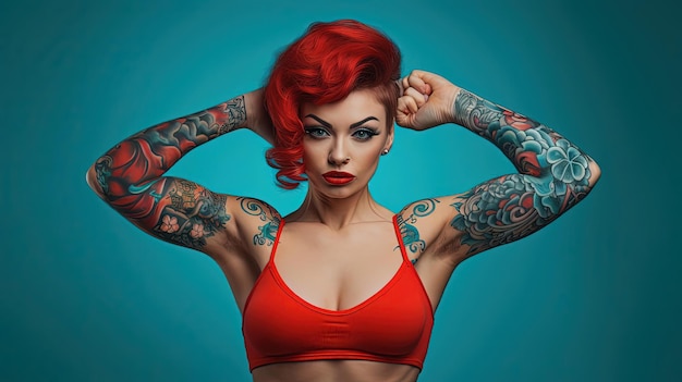 Photo woman with tattoos showing bicep flexes