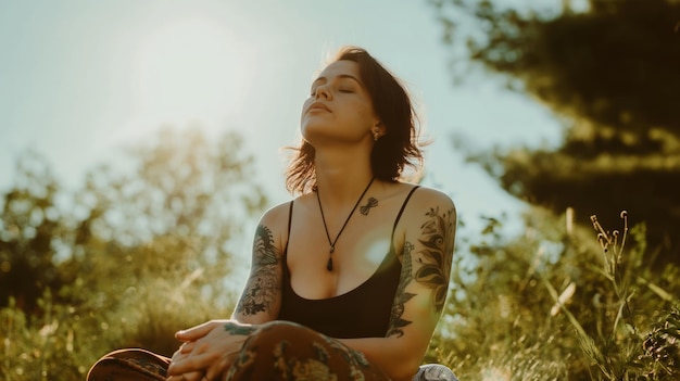 Woman with tattoos sitting in field