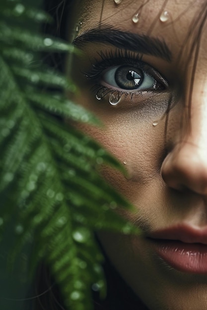 A woman with a tear on her face looks at the camera and the leaves of a fern are visible.