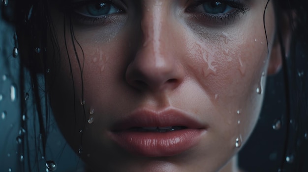 A woman with tears on her face is crying.