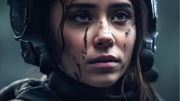 A woman with tears on her face looks down at the camera.