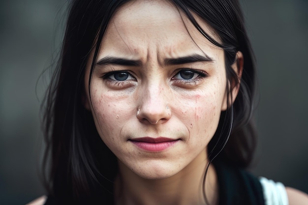 A woman with tears on her face looks sad and has a tear drop on her nose.