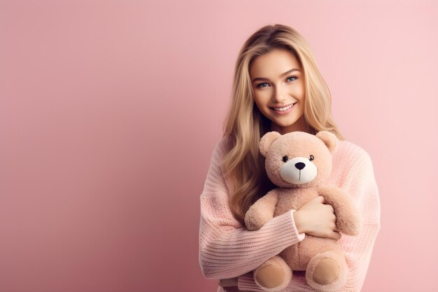 Woman with a teddy bear on pink background