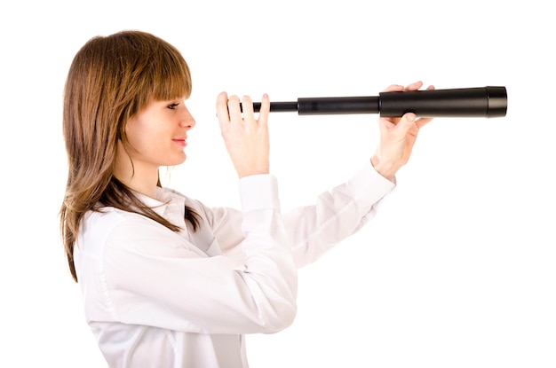 Woman with telescope isolated on a white background