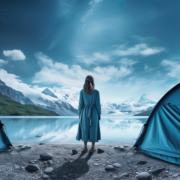 A woman with a tent against the backdrop of a blue lake