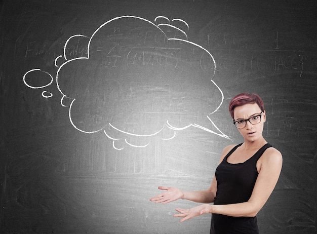 Woman with thought bubble and blackboard