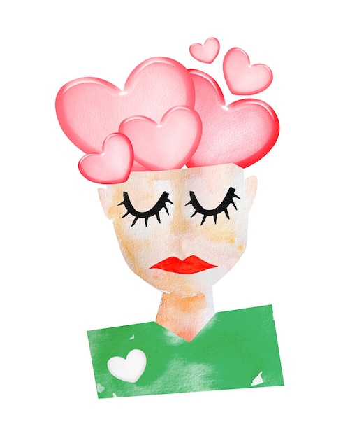 Woman with thoughts from pink hearts sad face with big eyes watercolor illustration
