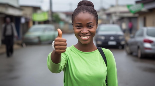 A woman with a thumbs up sign that says " thumbs up ".