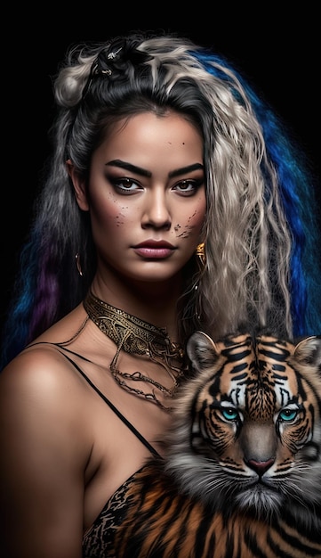 a woman with a tiger on her back and a tiger on the back.