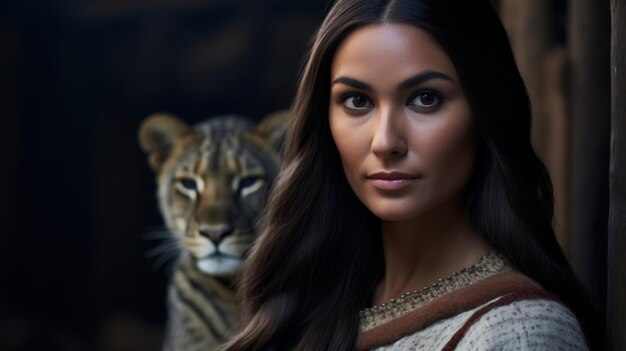 A woman with a tiger behind her