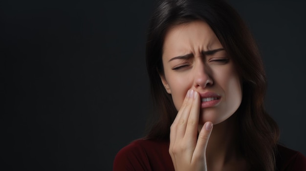 Женщина с зубной болью прикасается к щеке руками на сером фоне.