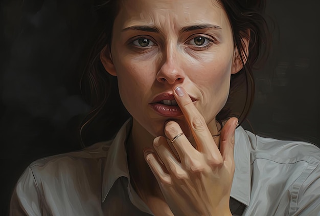 женщина с зубной болью касается пальца и руки ко рту в стиле мягкого реализма