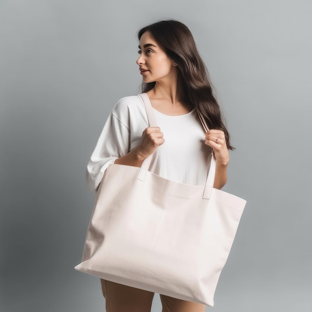 Premium AI Image | Woman with tote bag mockup empty bag white bagground