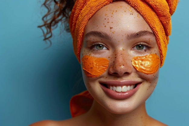 Foto donna con un asciugamano in testa e un ascioganno arancione in faccia