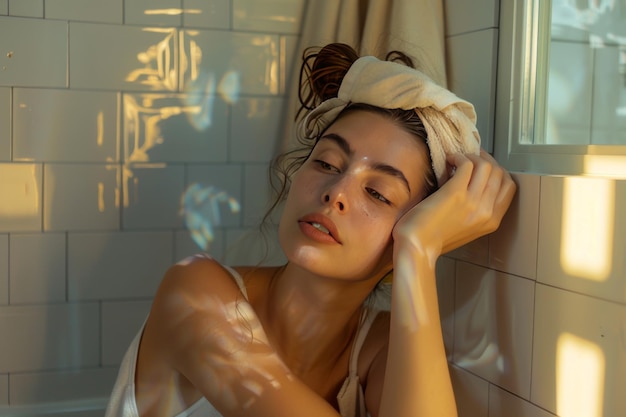 頭にタオルをかぶった女性が浴槽でリラックスしている