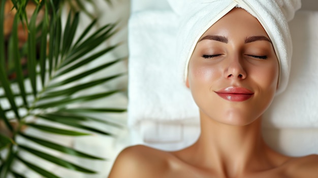 Photo woman with towel on her head relaxing in spa