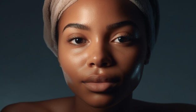 A woman with a towel on her head and a towel on her head is looking at the camera.