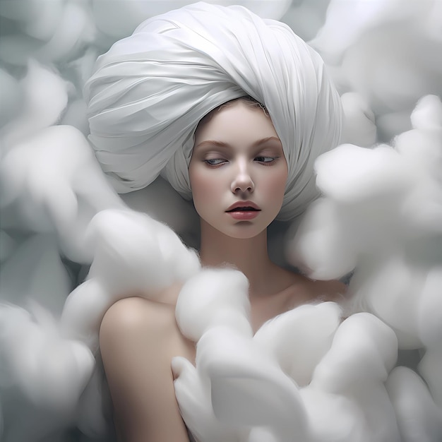 A woman with a towel wrapped around her head in the air with white fluffy clouds.