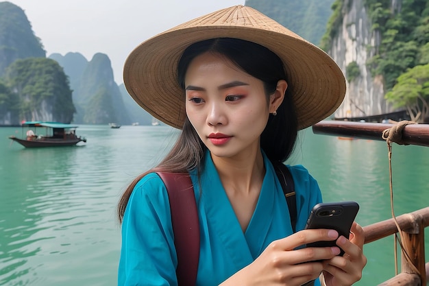 Woman with traditional hat using phone at halong bay vietnam