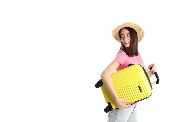 Woman with travel bag isolated on white background