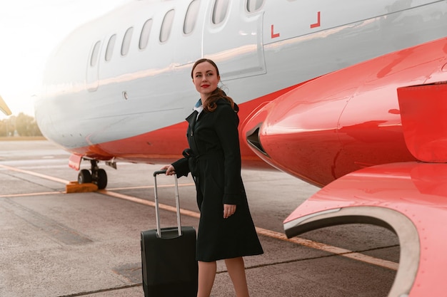 Woman with travel suitcase standing on background of airplane