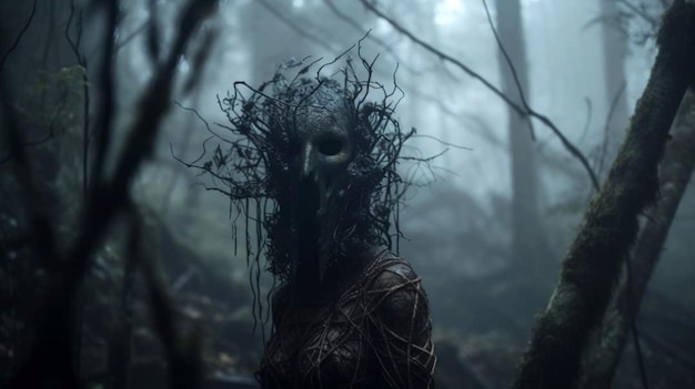 A woman with a tree in her face in a dark forest.