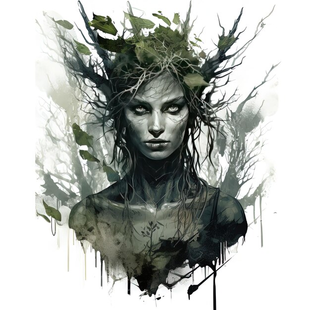 머리카락 에 나무 가 있는 여자 가 검은색 과 초록색 의 그림 에 그려져 있다