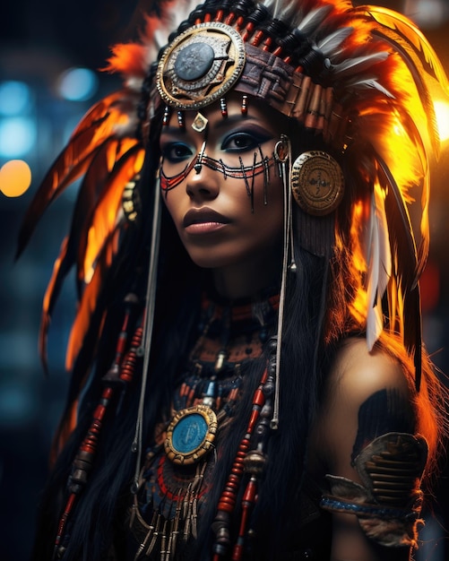 a woman with a tribal hat and feathers in the style of the tribe.