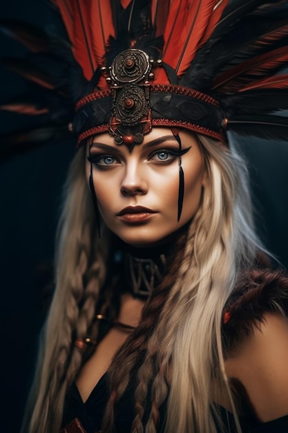 A woman with a tribal headdress and a feathered headdress.