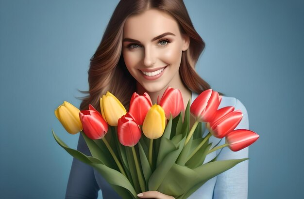 Foto donna con i tulipani nelle mani con spazio per il testo