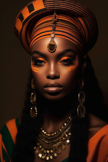 A woman with a turban and gold eye makeup