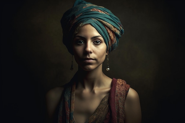 A woman with a turban on her head stands in a dark room.