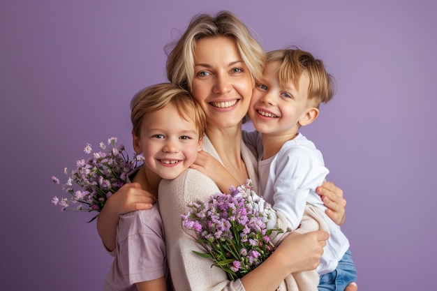 женщина с двумя обнимающимися детьми и фиолетовым фоном со словами "Счастливая семья"