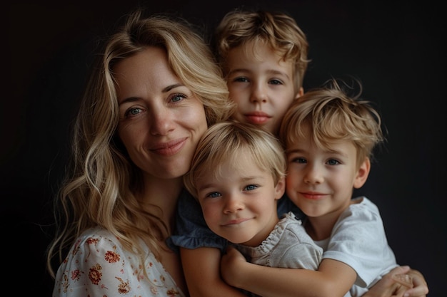 Photo a woman with two children posing for a photo with one holding a child