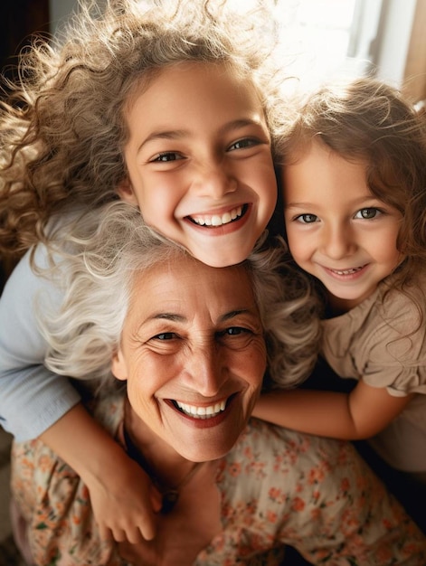 a woman with two children posing for a photo with a woman smiling and smiling