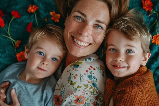 a woman with two children posing for a photo with the words  the word  on the chest