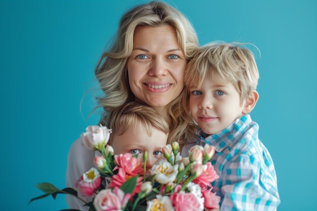 a woman with two children posing with a bouquet of flowers