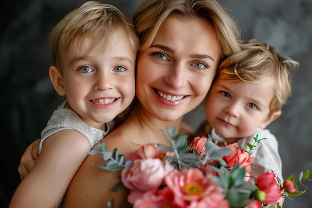 Foto una donna con due figli che posano con fiori e un ragazzino